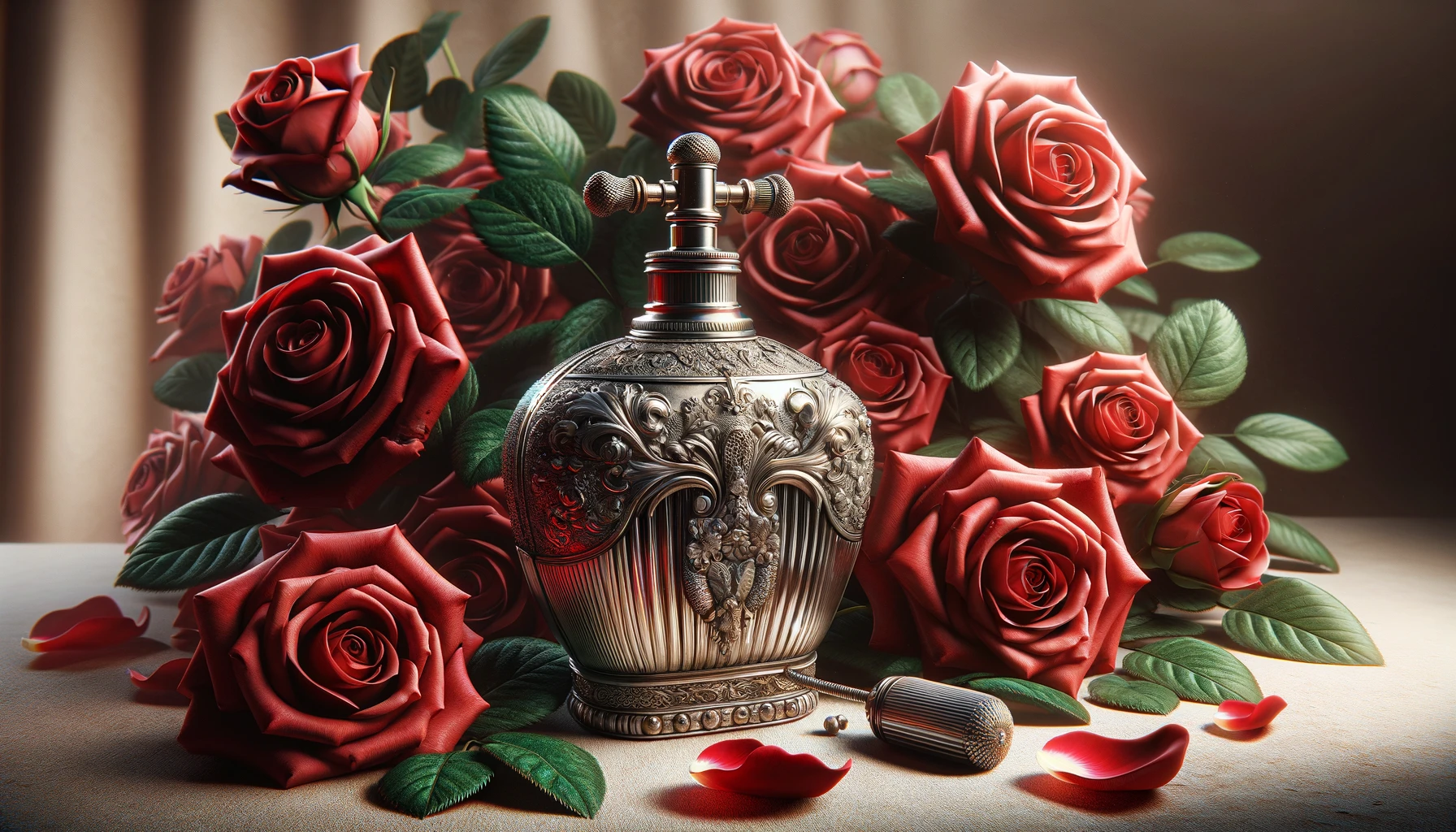 a vintage perfume sprayer, intricately designed with elegant curves and a sense of timeless beauty